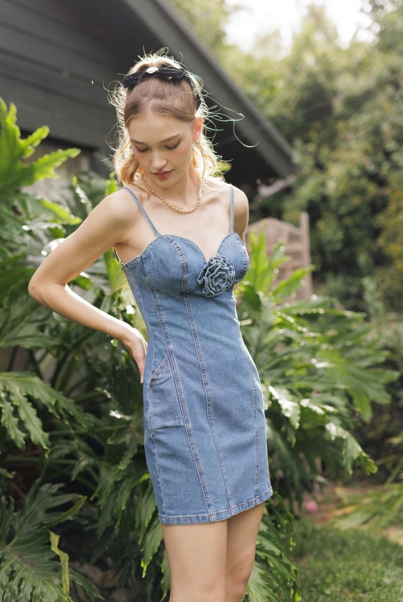 Floral Applique Corsage Mini Denim Dress - RARA Boutique