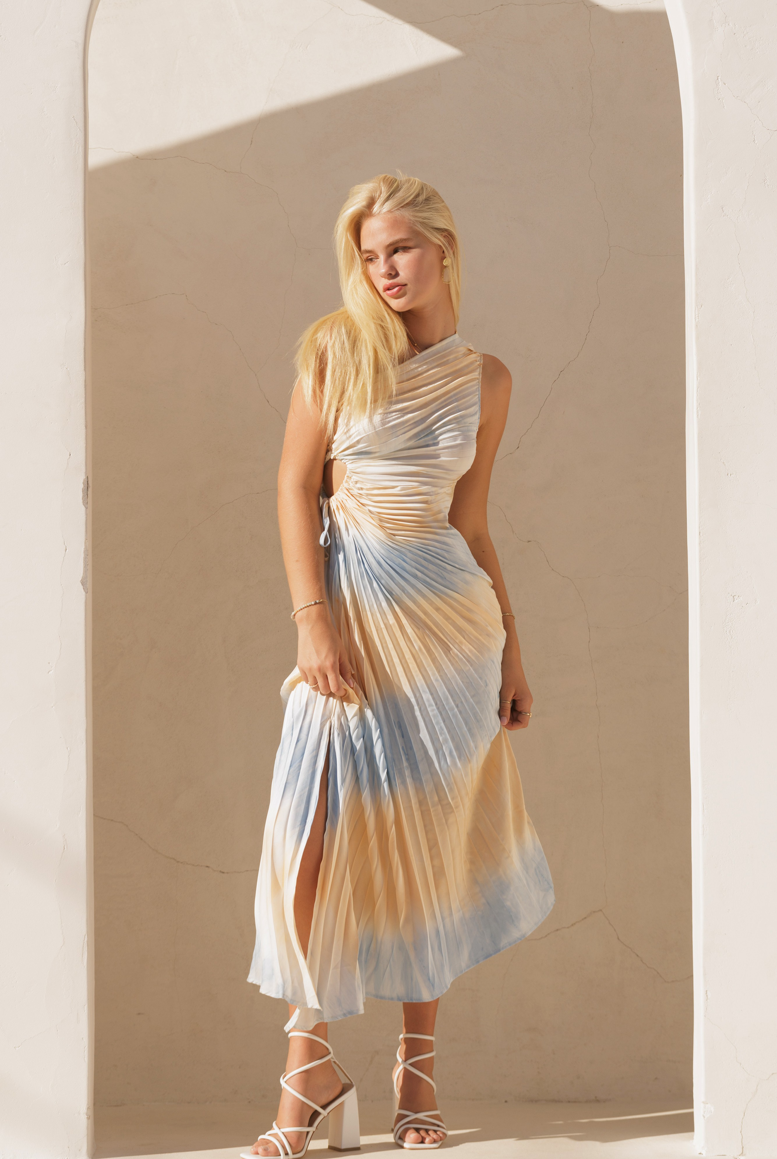 Pastel printed pleat one-shoulder midi dress by RARA Boutique, featuring an asymmetrical design and elegant style.