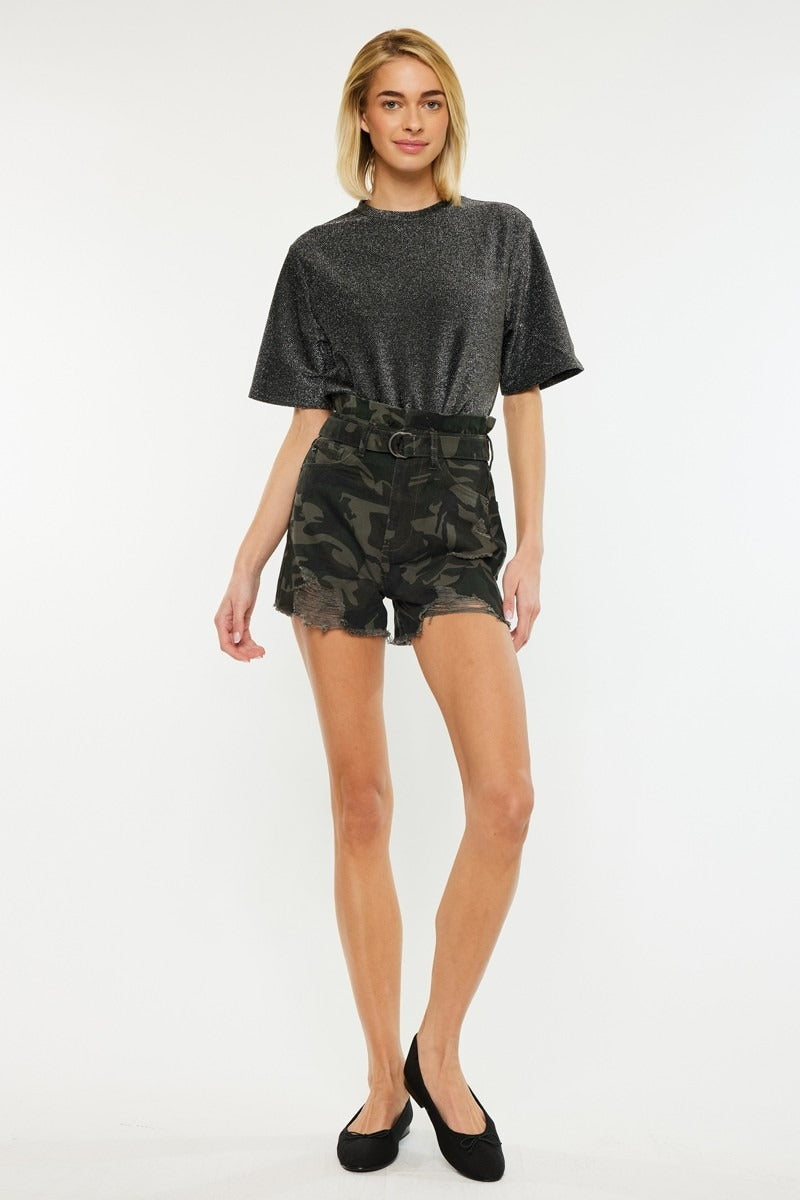Camo Print Belted Denim Shorts with Paperbag Waist - Kan Can - RARA Boutique