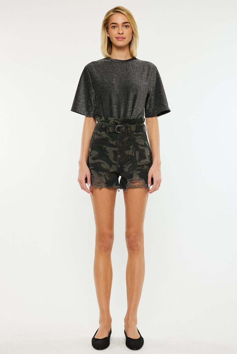 Camo Print Belted Denim Shorts with Paperbag Waist - Kan Can - RARA Boutique