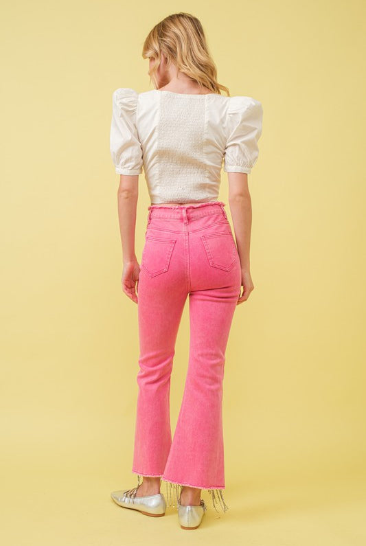 Rhinestone Fringe Jeans with Frayed Waist - RARA Boutique