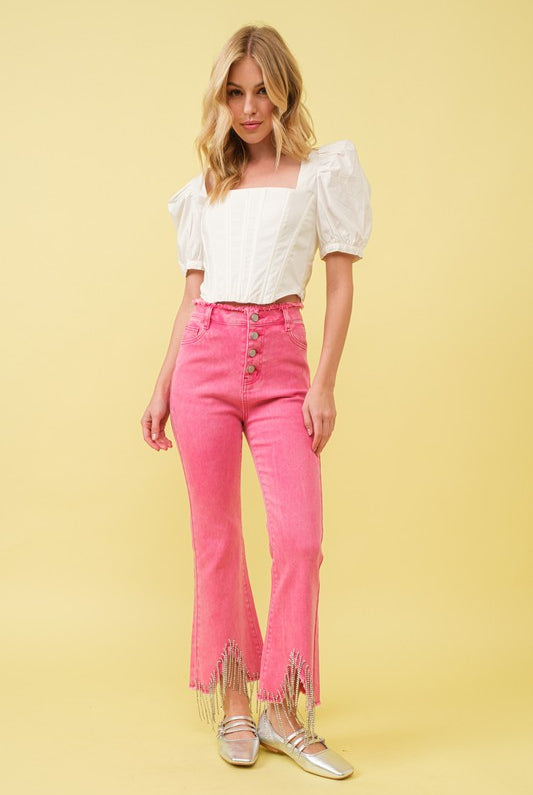 Rhinestone Fringe Jeans with Frayed Waist - RARA Boutique
