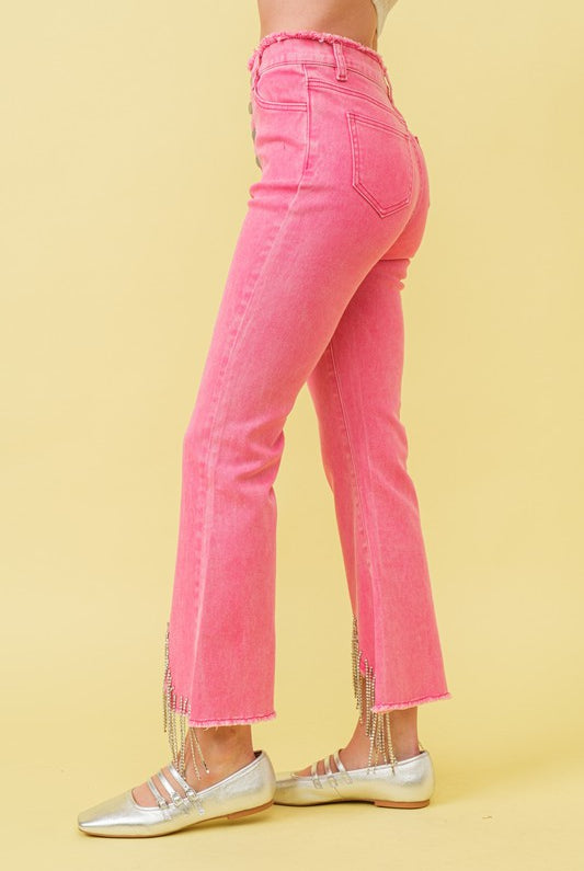 Rhinestone Fringe Jeans with Frayed Waist - RARA Boutique