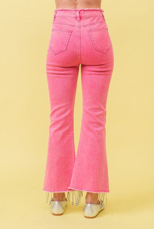 Rhinestone Fringe Jeans with Frayed Waist - RARA Boutique