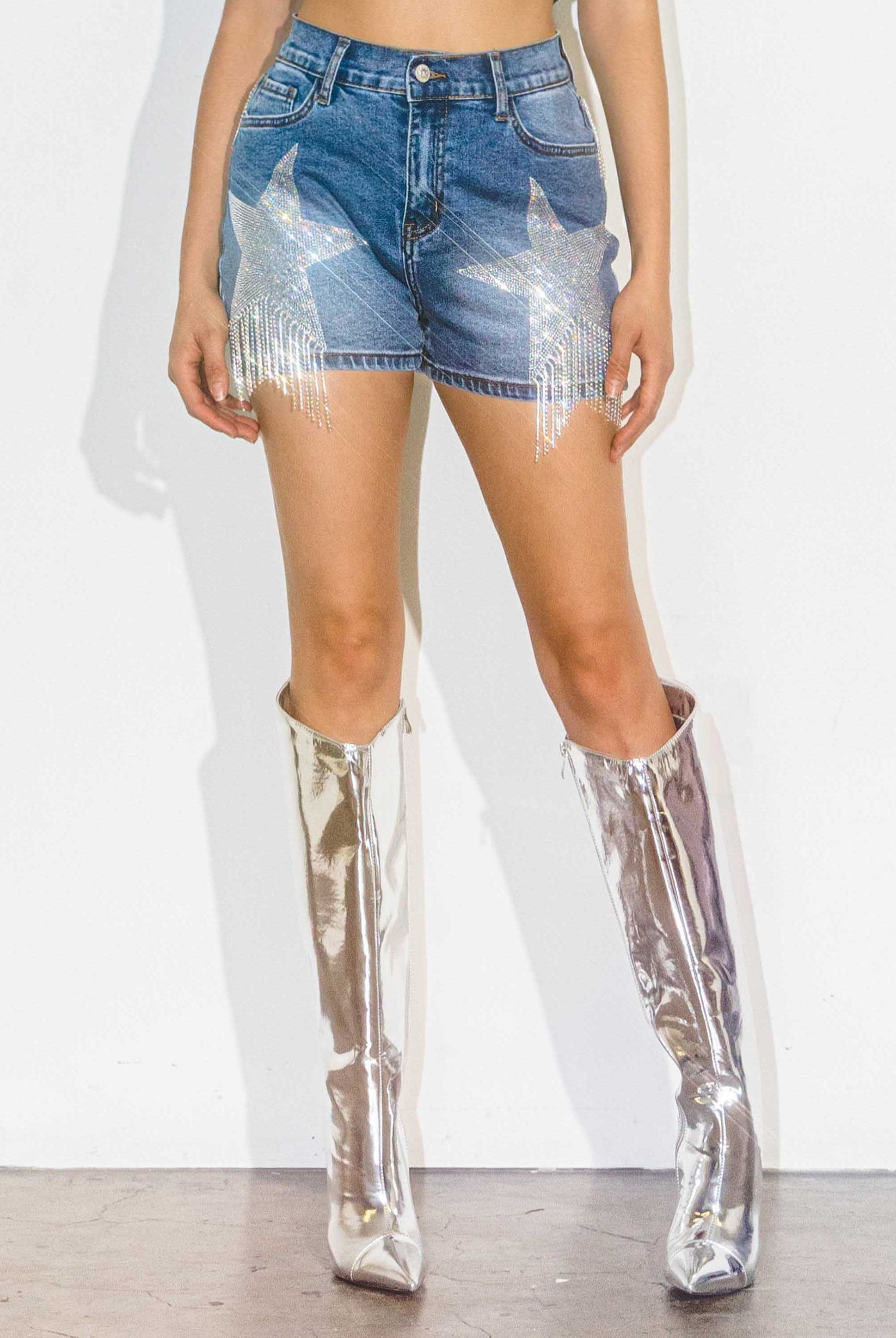 Rhinestone Fringe Star Denim Shorts - Vibrant M.i.U - RARA Boutique