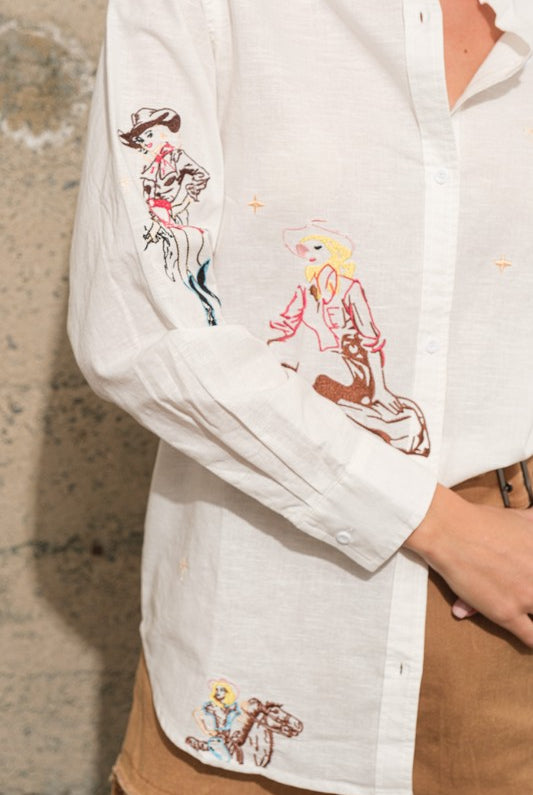 Embroidered Western Cowgirl Linen Shirt Blouse - RARA Boutique