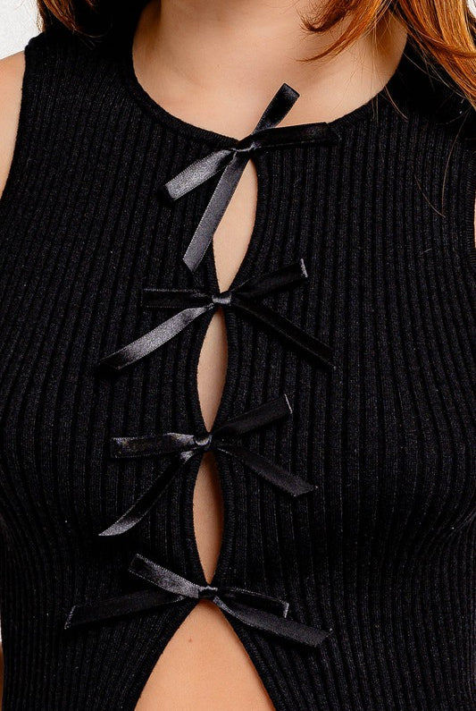 Satin Bow Cutout Knit Tank Top - RARA Boutique