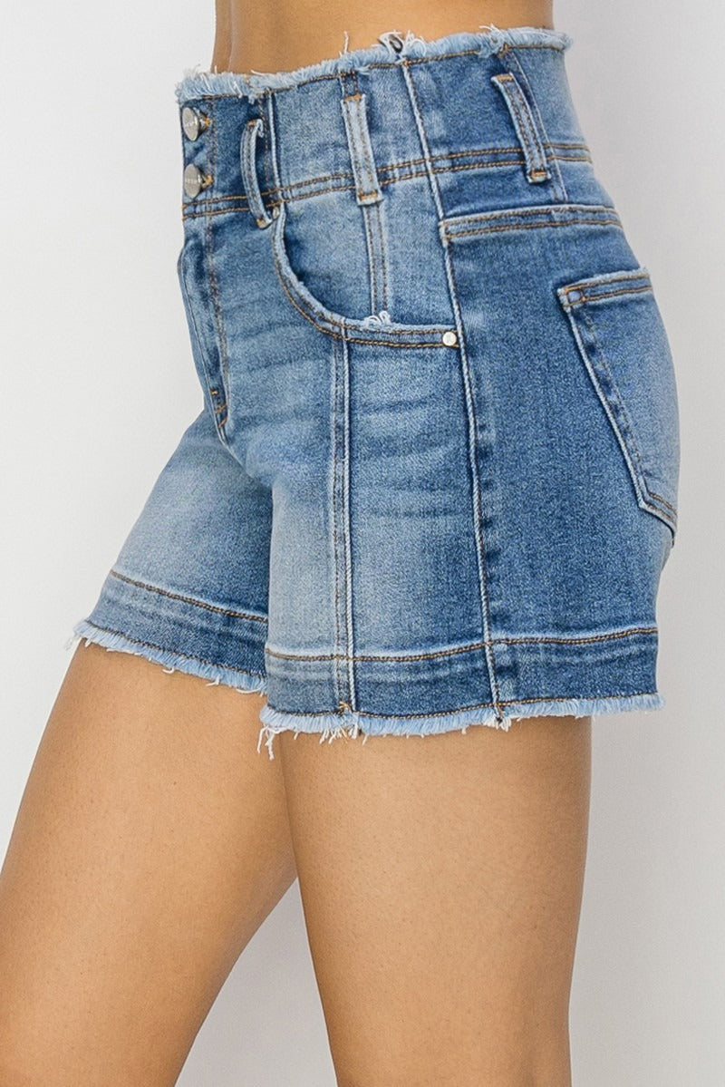 Frayed Waist Pintuck Denim Shorts - Risen - RARA Boutique