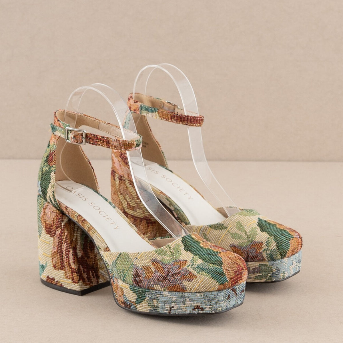 Floral Tapestry Chunky Platform Mary Jane Heels with Square Toe