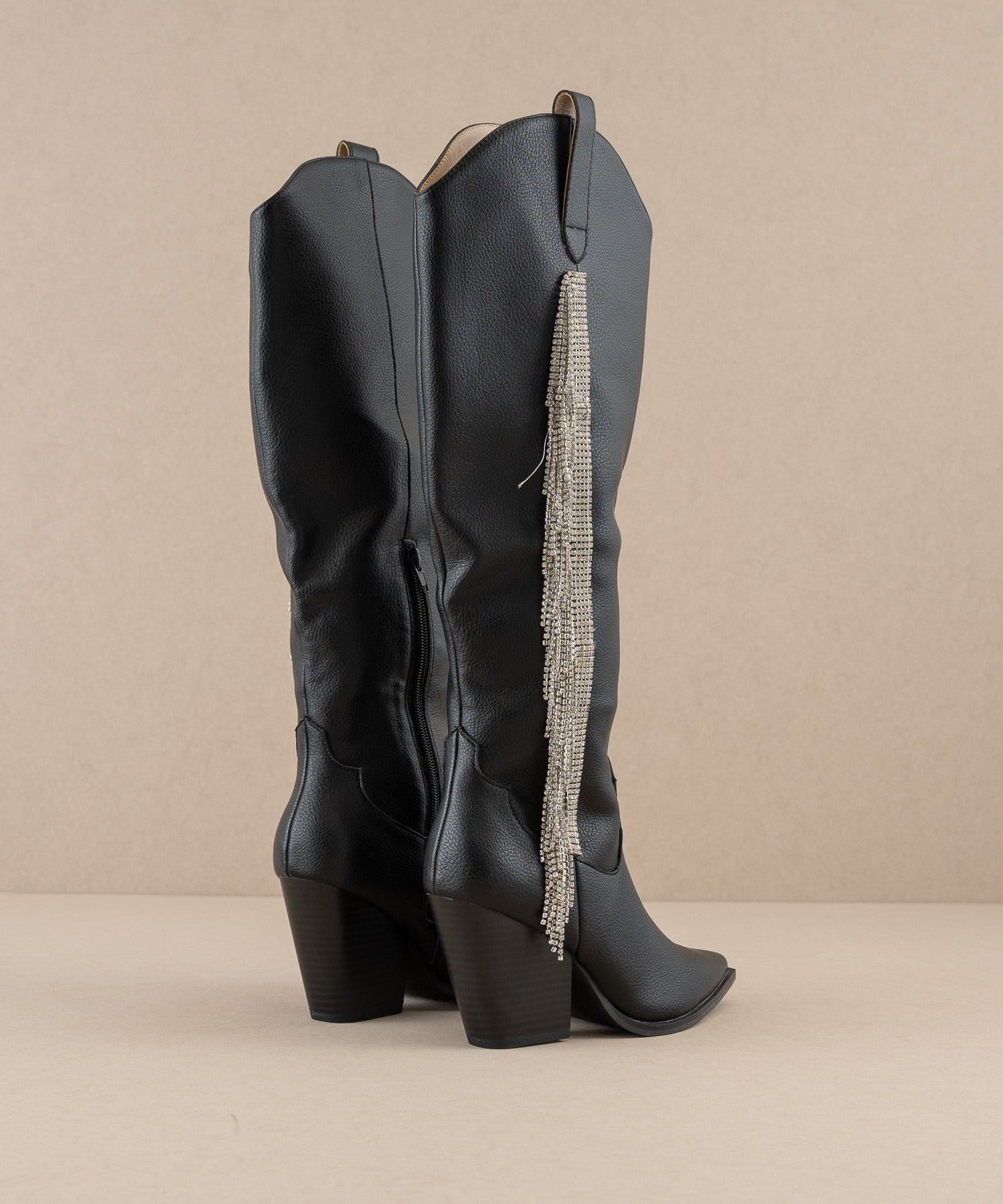 Rara Boutique Rhinestone Fringe Knee High Western Boots with decorative western-style stitching and sparkling rhinestone details.