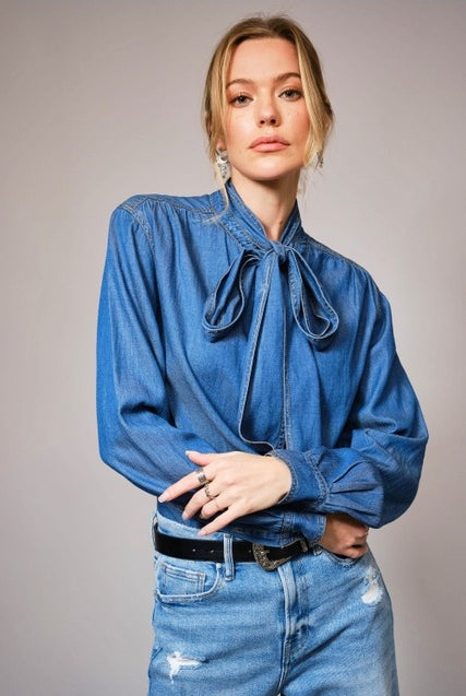 Tie Neck Chambray Denim Button Up Blouse - Blue B - RARA Boutique