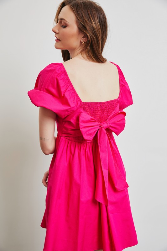 Puff Sleeve BabyDoll Dress with Bow Back and Pockets - RARA Boutique