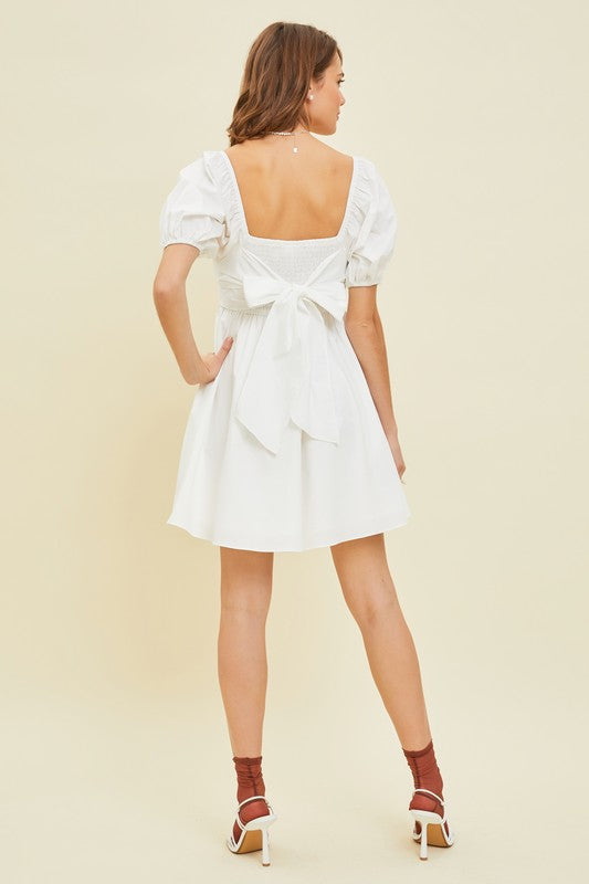 Puff Sleeve BabyDoll Dress with Bow Back and Pockets - RARA Boutique