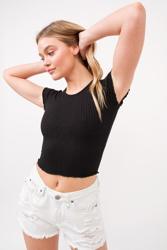 Lettuce Trim Ribbed Short-Sleeve Baby Tee - RARA Boutique