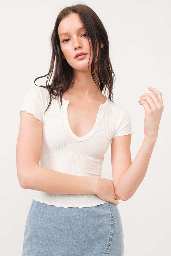 Lettuce Trim Ribbed Split V-Neck Baby Tee - RARA Boutique