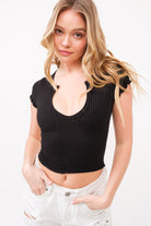 Lettuce Trim Ribbed Split V-Neck Baby Tee - RARA Boutique