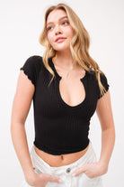 Lettuce Trim Ribbed Split V-Neck Baby Tee - RARA Boutique