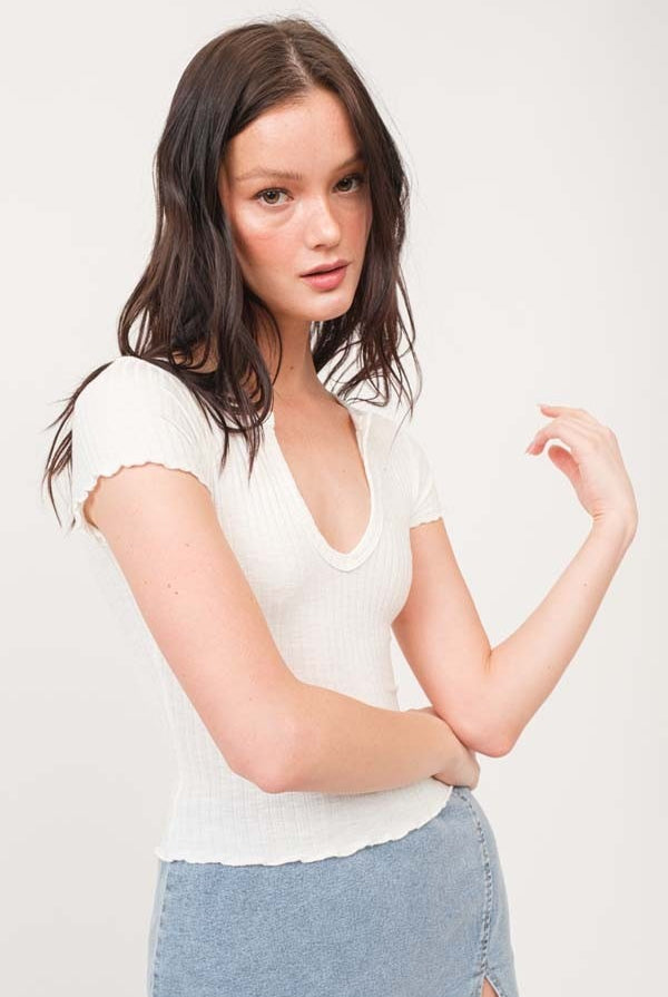 Lettuce Trim Ribbed Split V-Neck Baby Tee - RARA Boutique