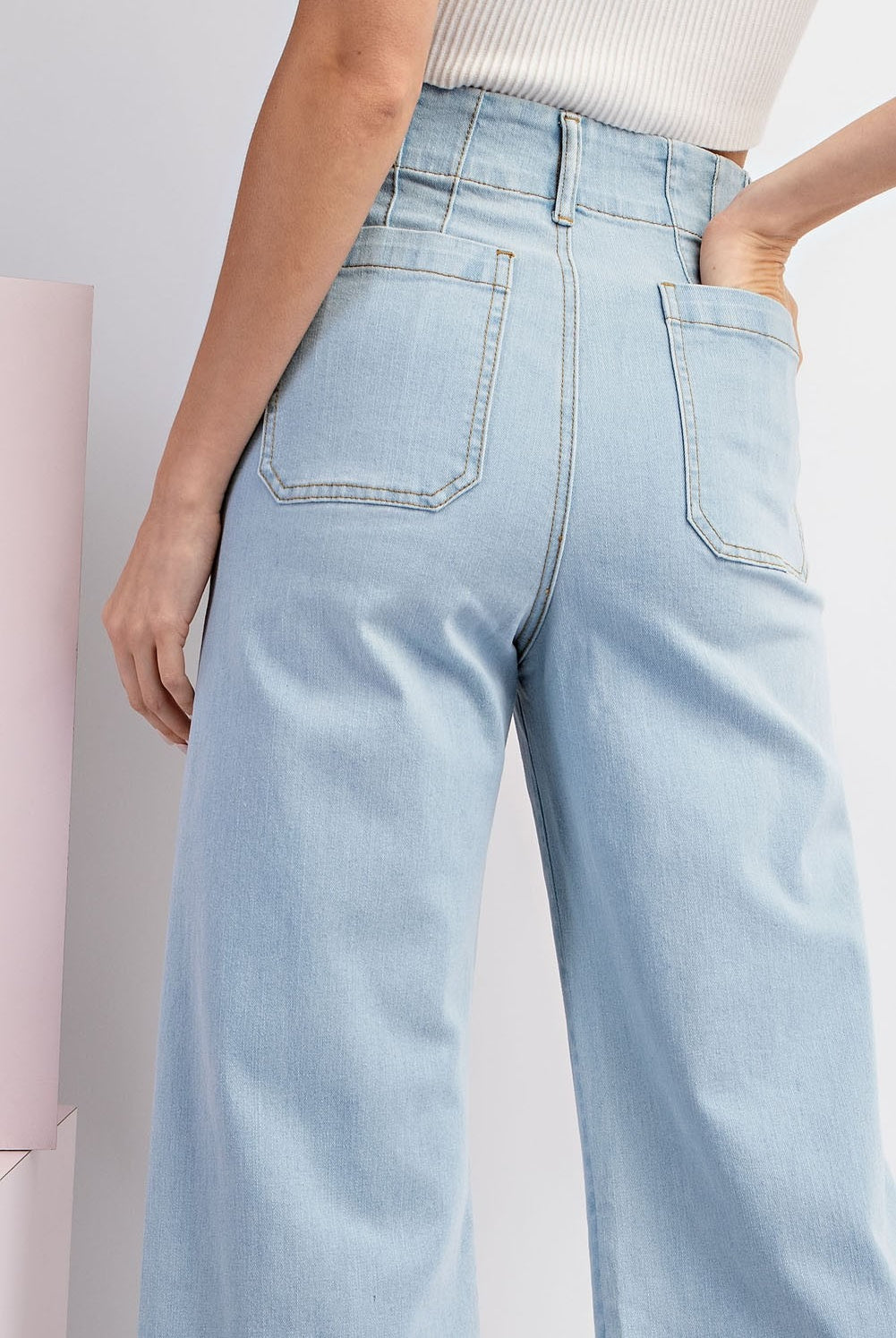 Denim Soft Wash Wide Leg Pants with Patch Pockets - eesome - RARA Boutique