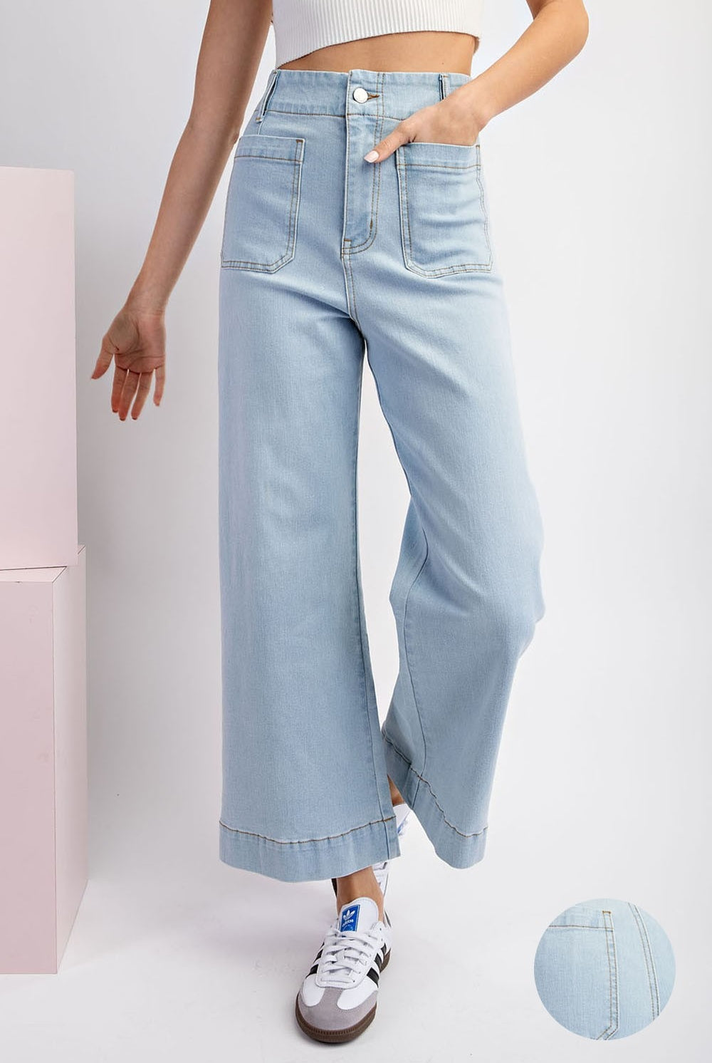 Denim Soft Wash Wide Leg Pants with Patch Pockets - eesome - RARA Boutique