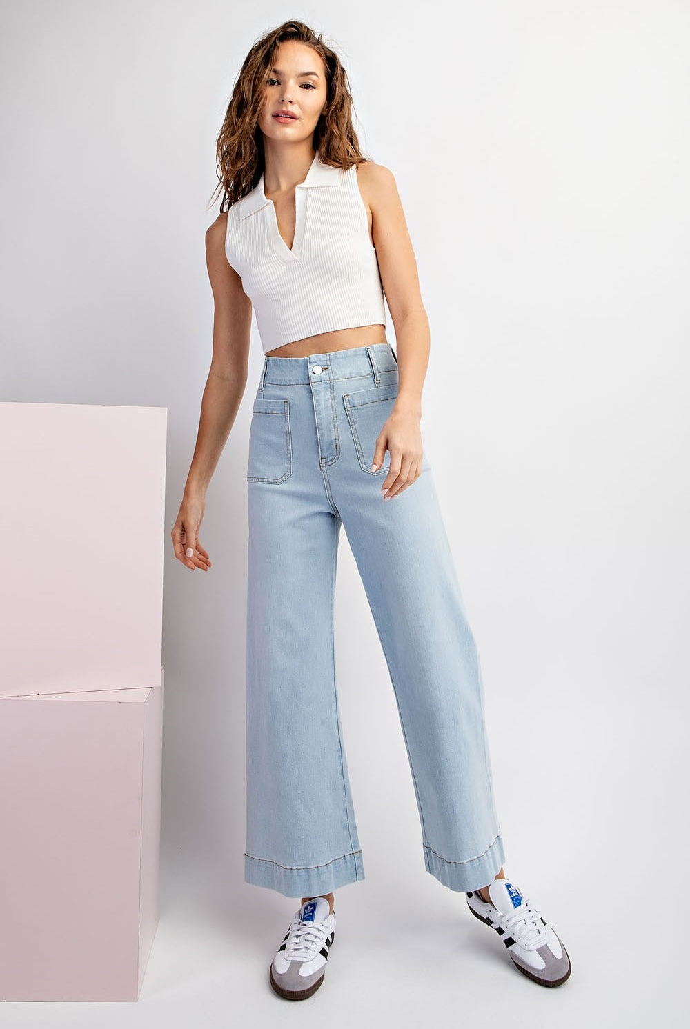 Denim Soft Wash Wide Leg Pants with Patch Pockets - eesome - RARA Boutique