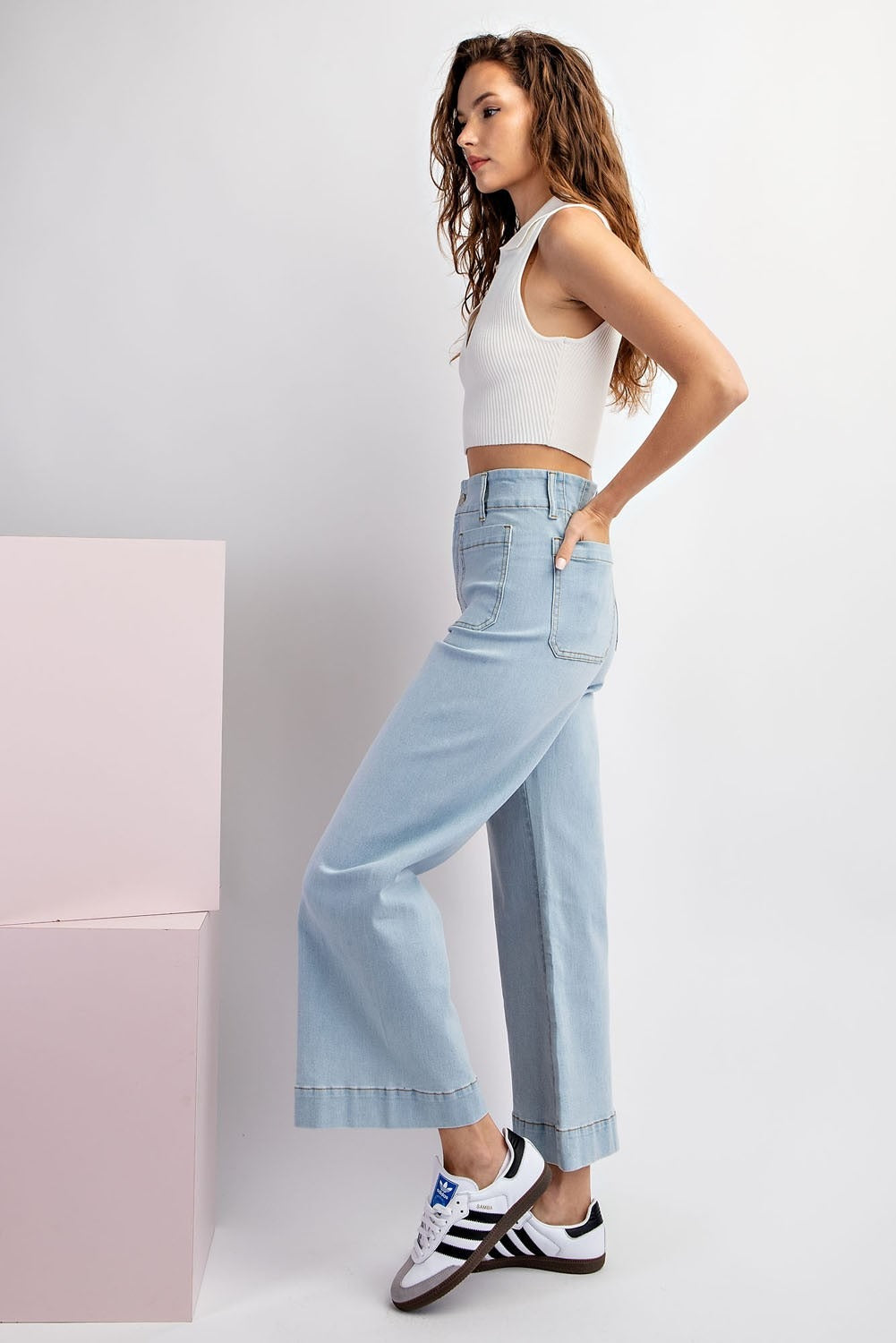 Denim Soft Wash Wide Leg Pants with Patch Pockets - eesome - RARA Boutique