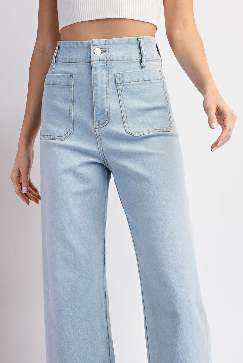 Denim Soft Wash Wide Leg Pants with Patch Pockets - eesome - RARA Boutique