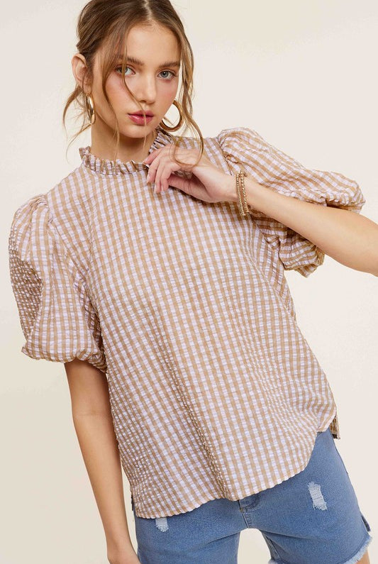 Gingham Check Print Puff Sleeve Top - RARA Boutique