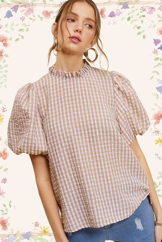 Gingham Check Print Puff Sleeve Top - RARA Boutique