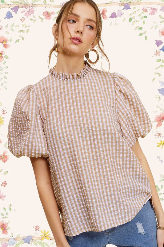 Gingham Check Print Puff Sleeve Top - RARA Boutique