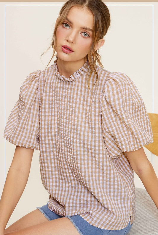 Gingham Check Print Puff Sleeve Top - RARA Boutique