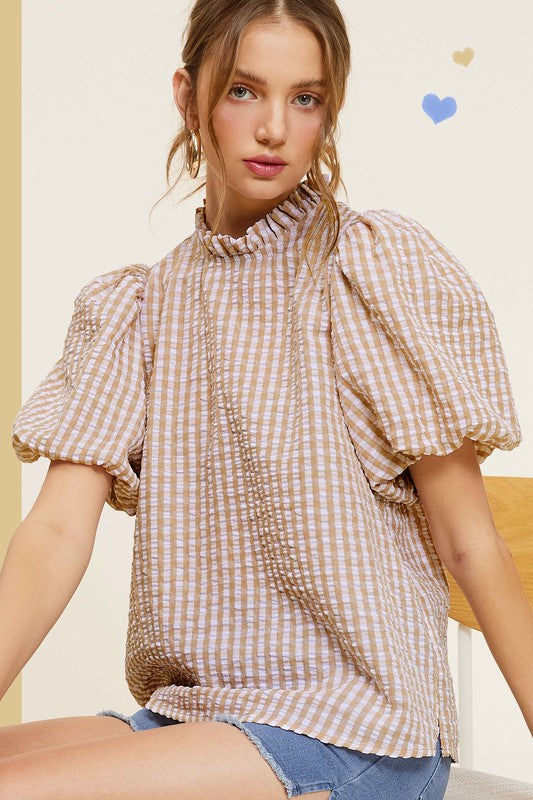 Gingham Check Print Puff Sleeve Top - RARA Boutique