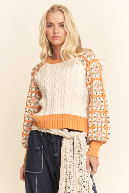 Crochet Sleeve Granny Square Cable Knit Sweater - Davi & Dani - RARA Boutique