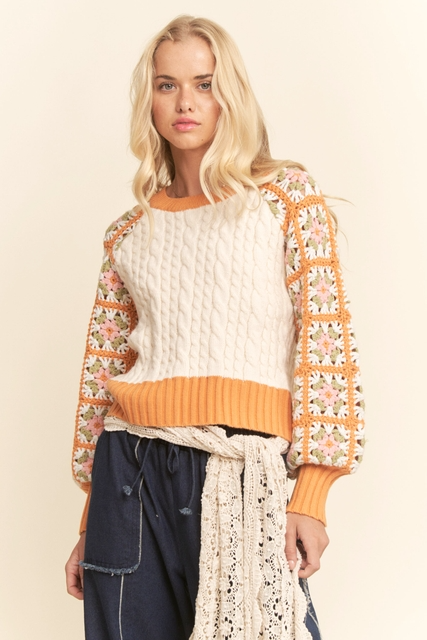 Crochet Sleeve Granny Square Cable Knit Sweater - Davi & Dani - RARA Boutique