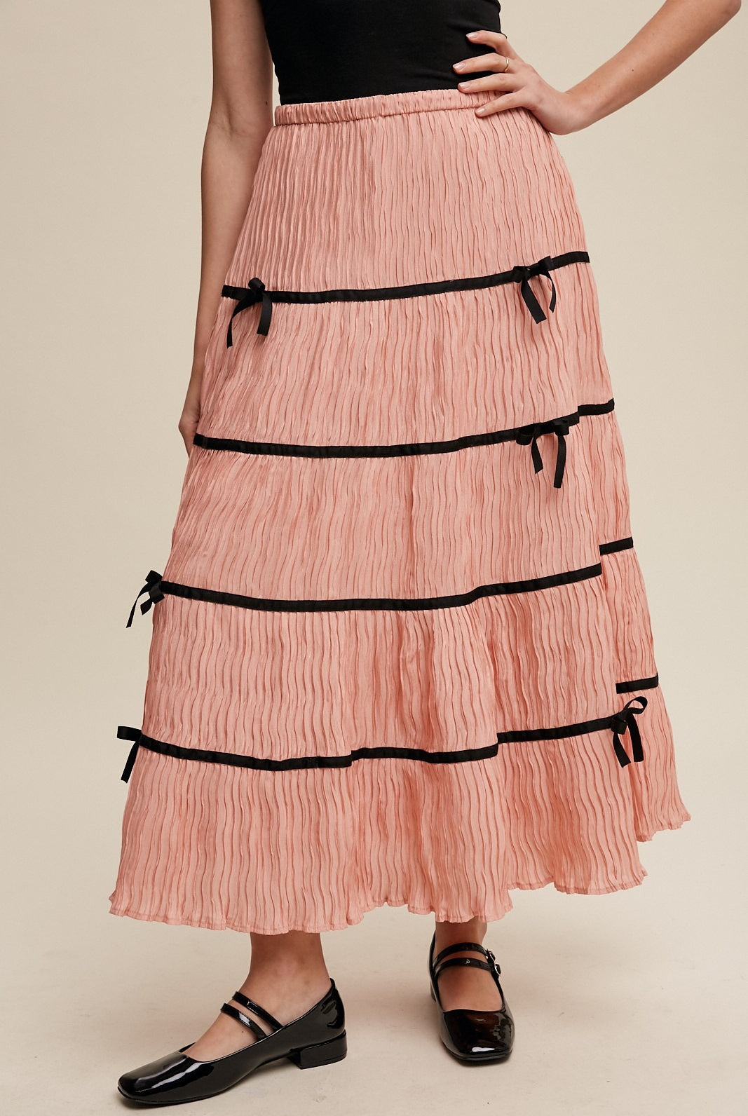 Plisse Bow Contrast Trim Maxi Skirt - Listicle - RARA Boutique