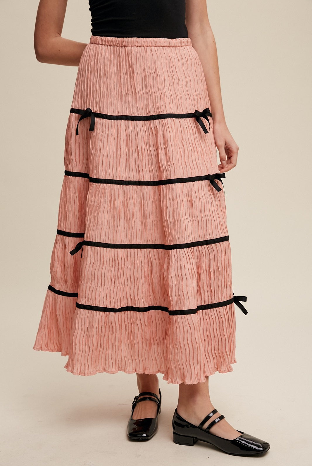 Plisse Bow Contrast Trim Maxi Skirt - Listicle - RARA Boutique