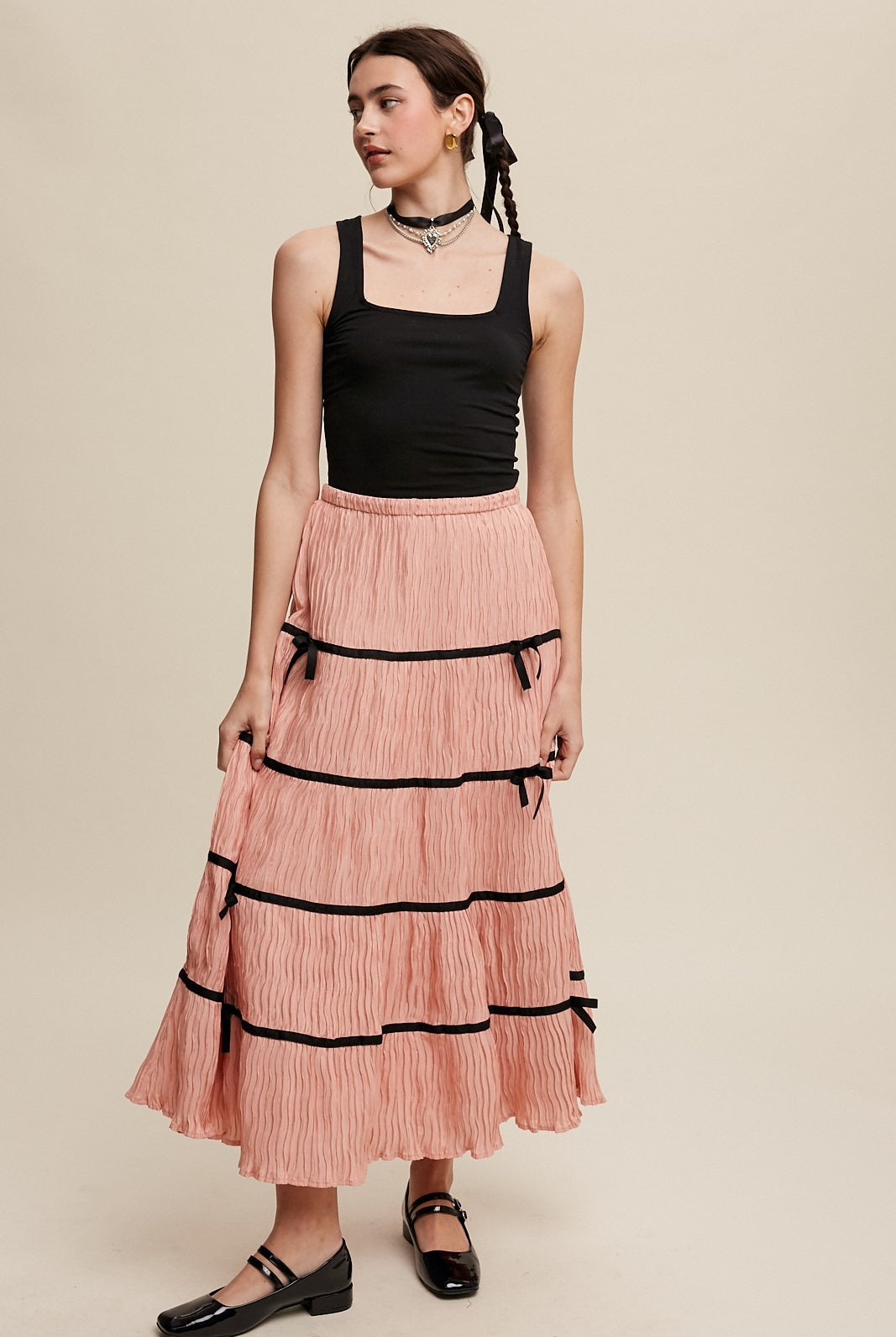 Plisse Bow Contrast Trim Maxi Skirt - Listicle - RARA Boutique