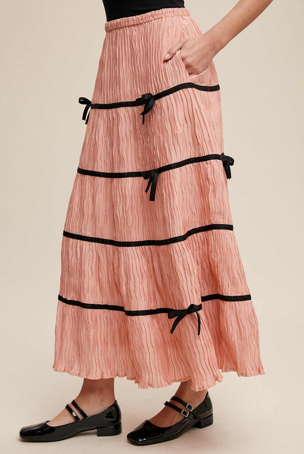 Plisse Bow Contrast Trim Maxi Skirt - Listicle - RARA Boutique