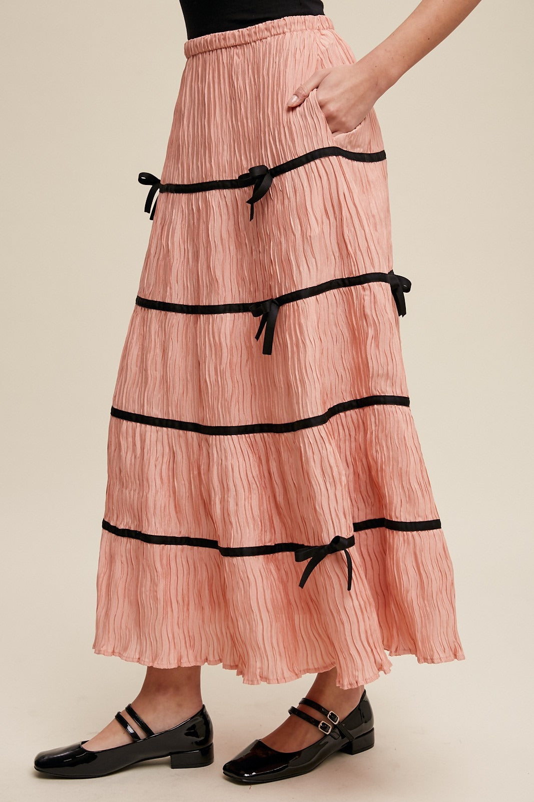 Plisse Bow Contrast Trim Maxi Skirt - Listicle - RARA Boutique