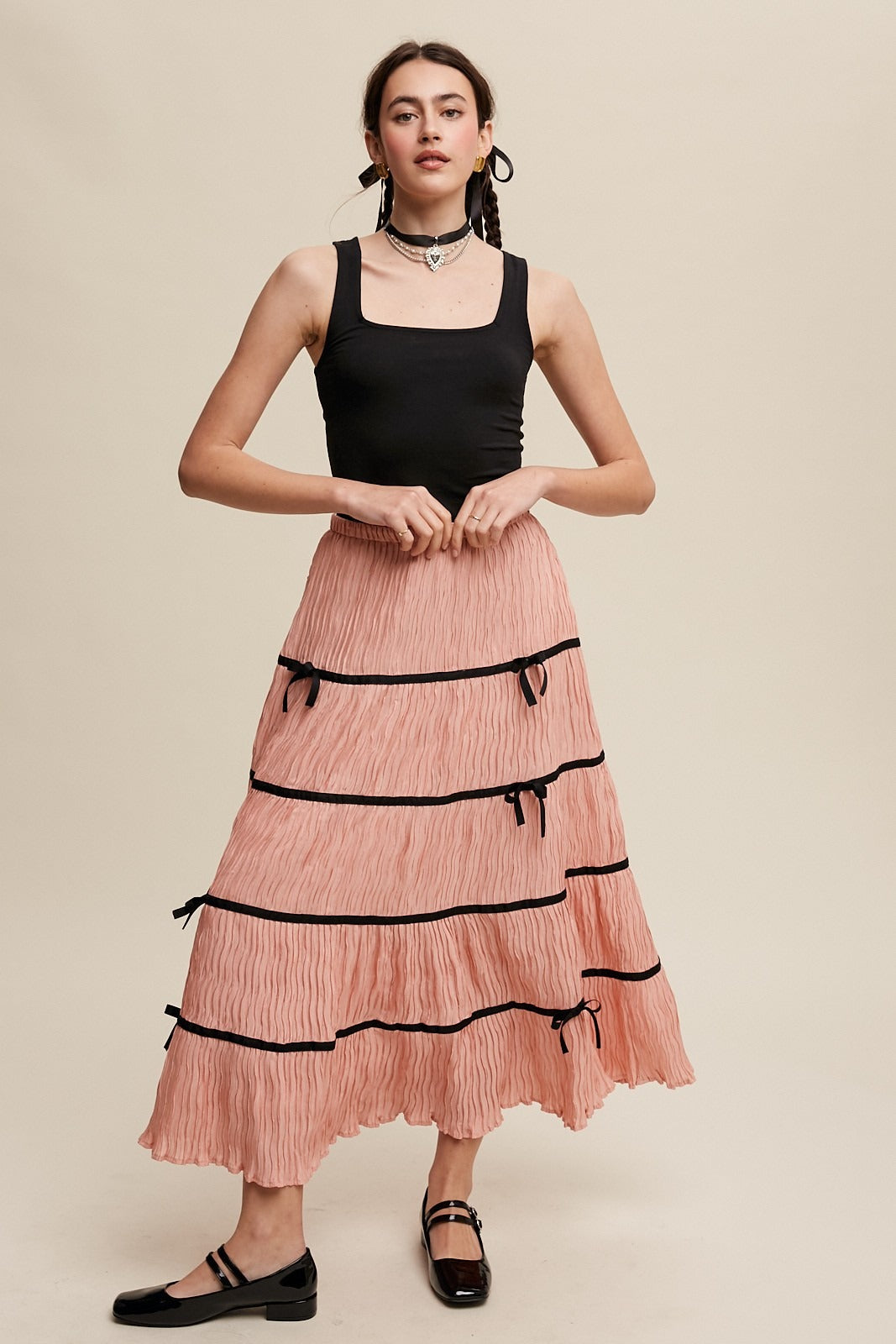 Plisse Bow Contrast Trim Maxi Skirt - Listicle - RARA Boutique