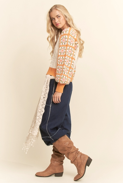 Crochet Sleeve Granny Square Cable Knit Sweater - Davi & Dani - RARA Boutique