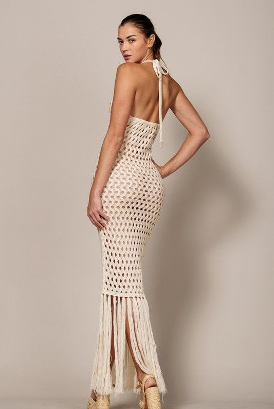 Crochet Halter Cover-Up Maxi Dress with Fringe Hem - EB Luxe - RARA Boutique