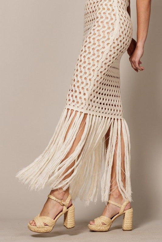 Crochet Halter Cover-Up Maxi Dress with Fringe Hem - EB Luxe - RARA Boutique