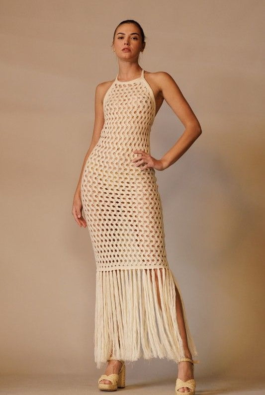 Crochet Halter Cover-Up Maxi Dress with Fringe Hem - EB Luxe - RARA Boutique