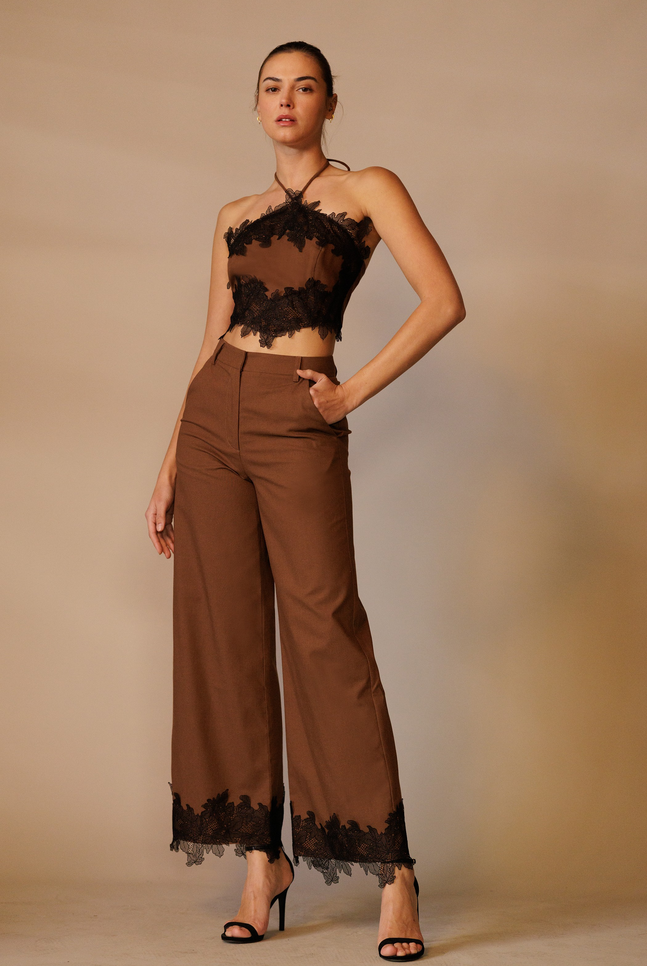 Lace Trim Hem Wide-Leg Trouser Pants - RARA Boutique