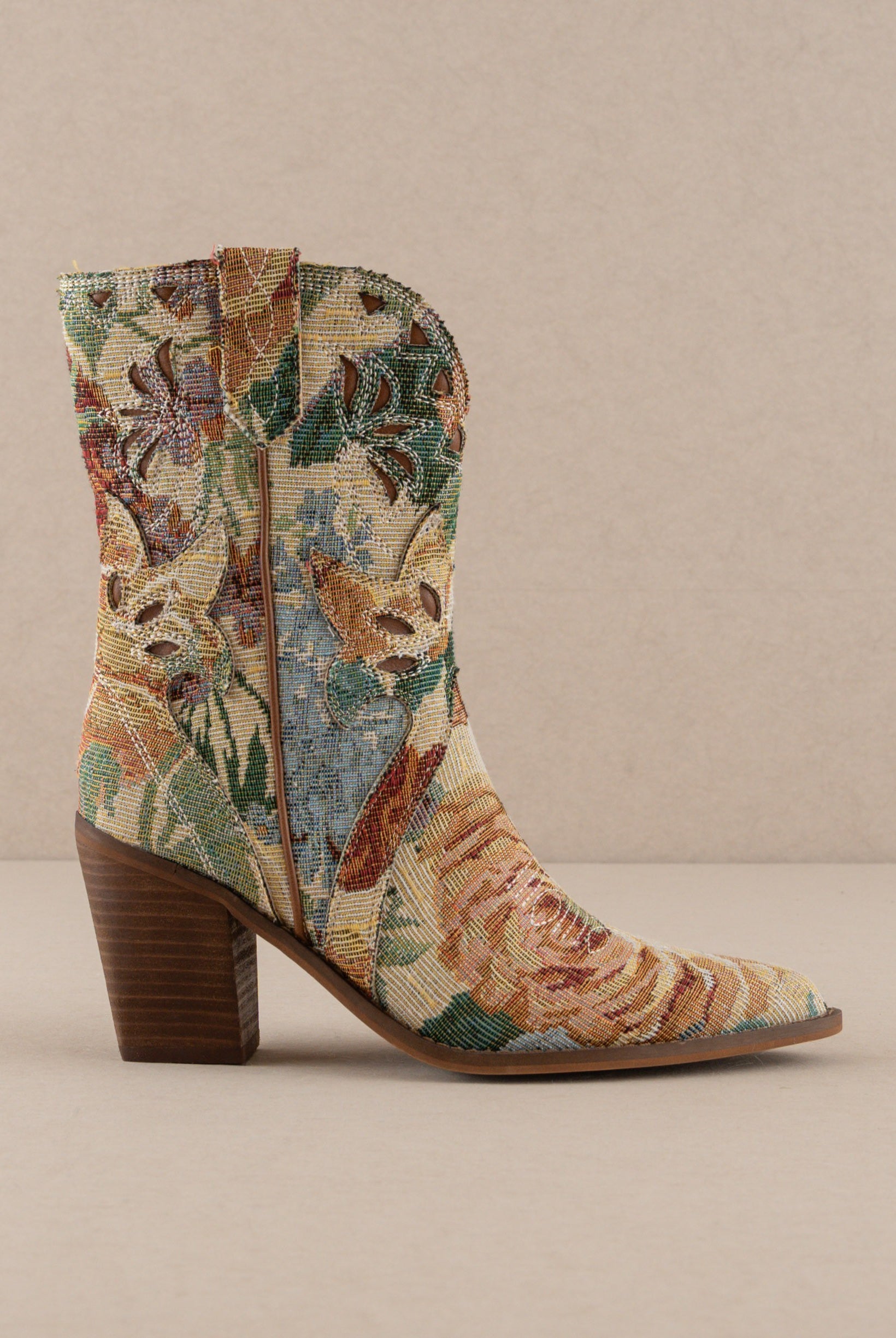 RARA Boutique floral jacquard tapestry western boot with paneled design and intricate floral patterns.