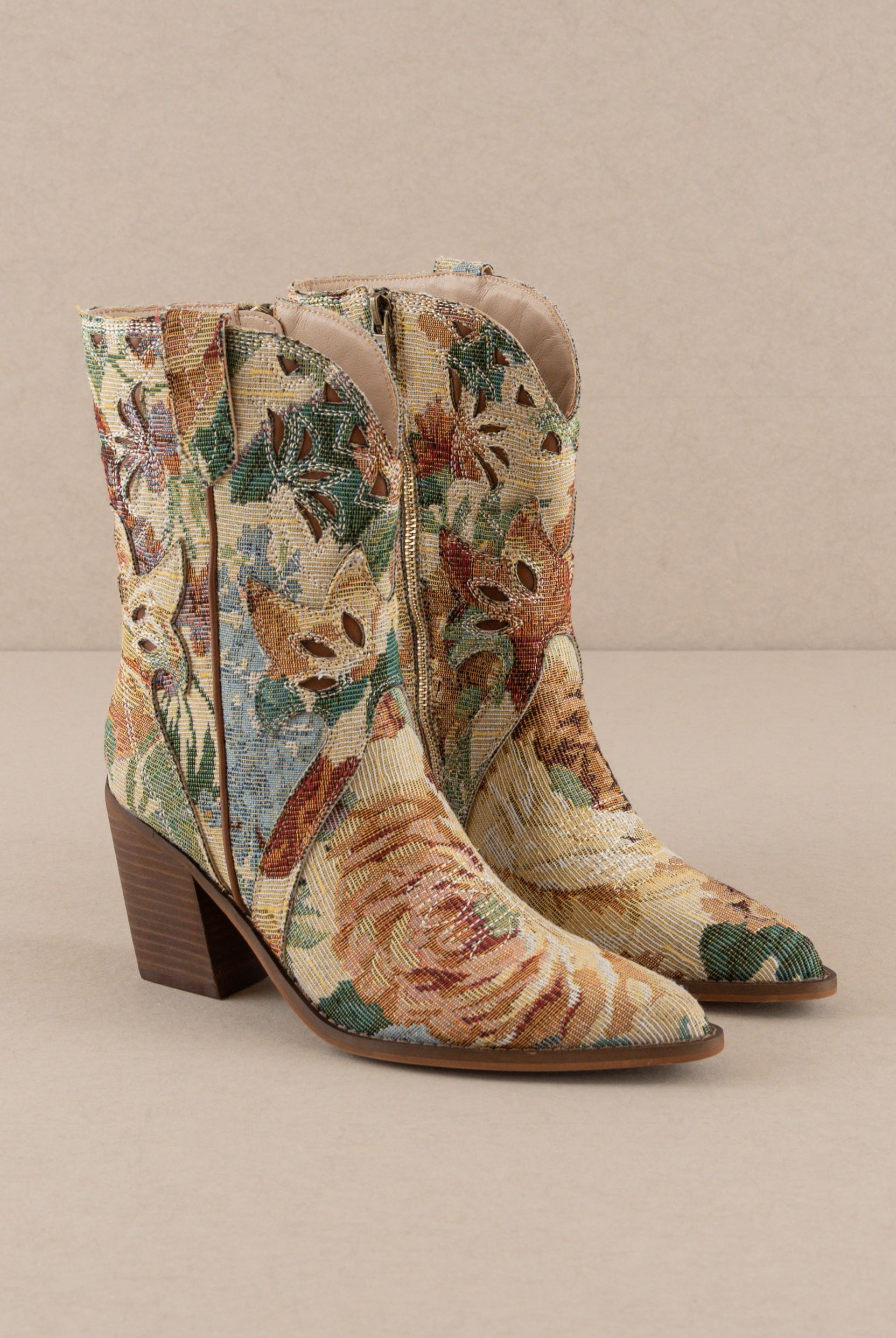 RARA Boutique floral jacquard tapestry western boots with paneled design and intricate floral patterns.