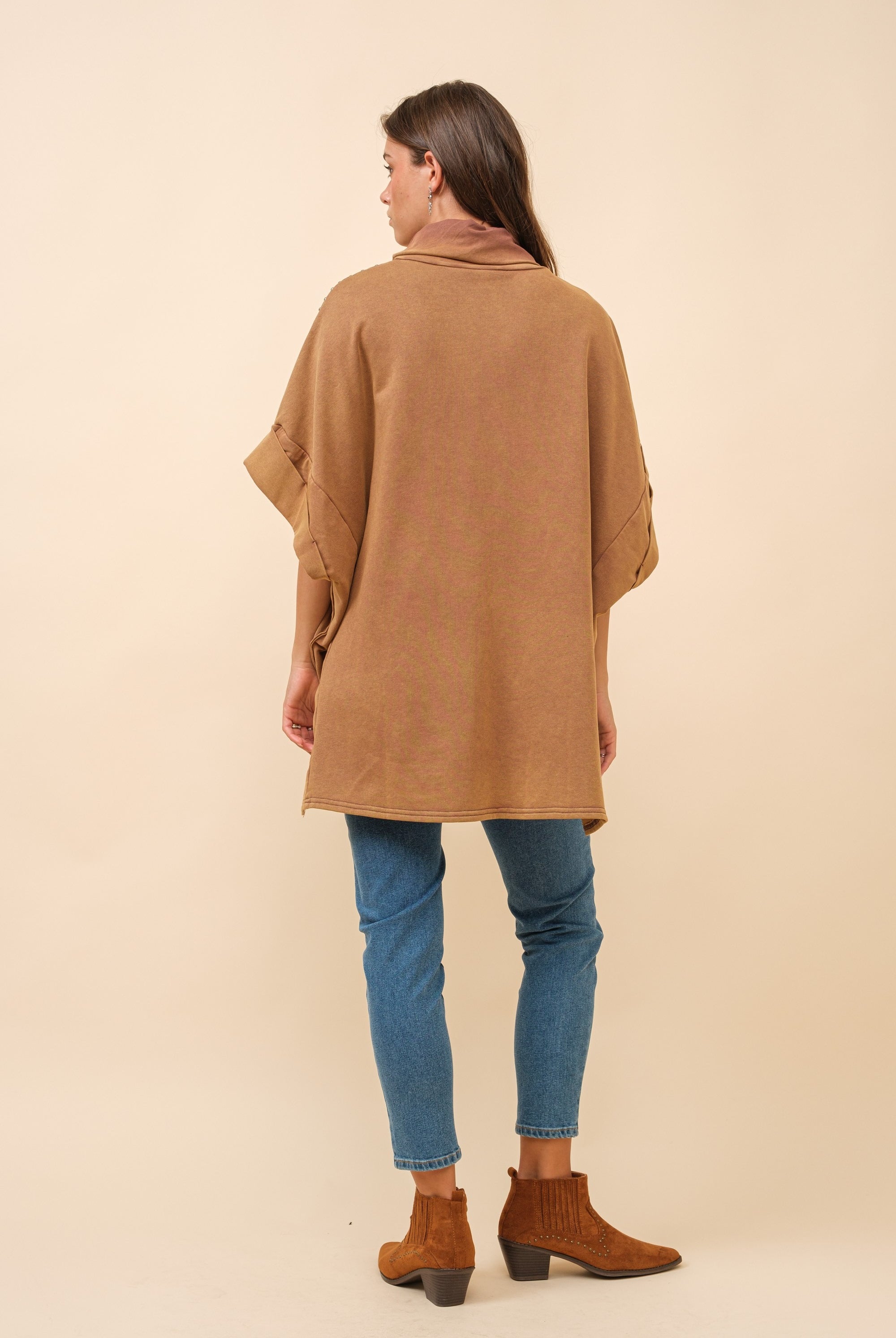 Studded Turtleneck Dolman Sleeve Sweatshirt - Blue B - RARA Boutique