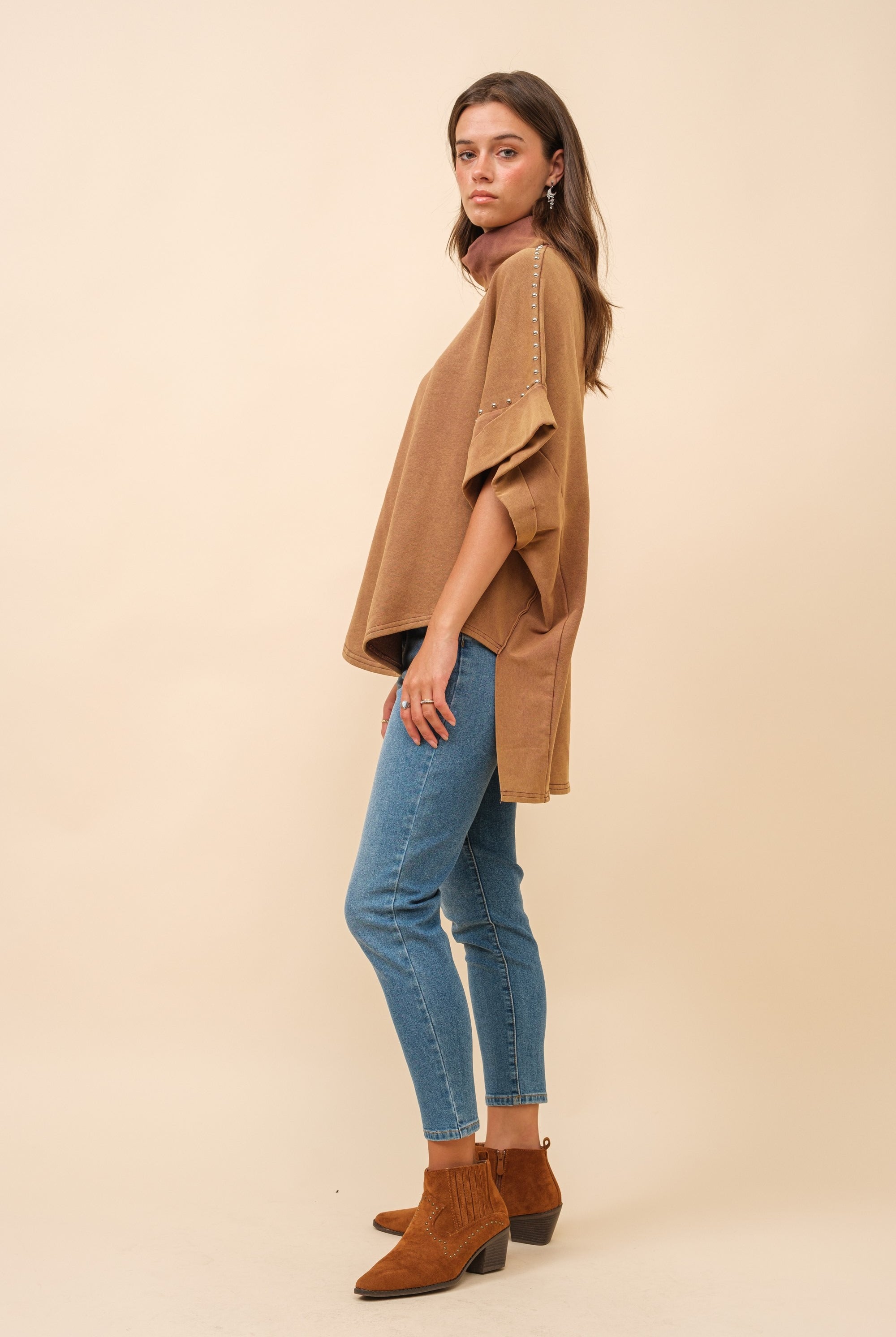 Studded Turtleneck Dolman Sleeve Sweatshirt - Blue B - RARA Boutique