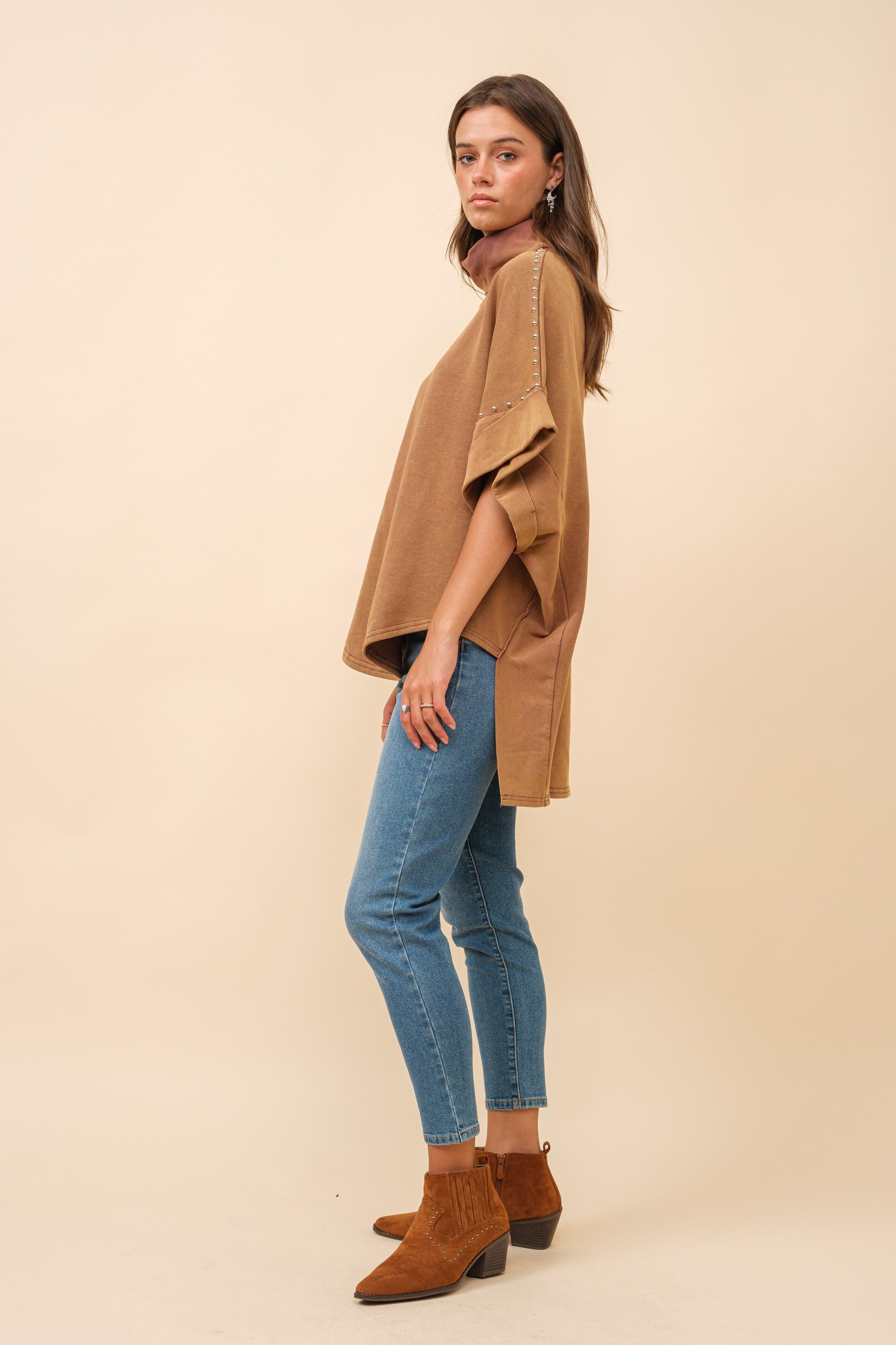 Studded Turtleneck Dolman Sleeve Sweatshirt - Blue B - RARA Boutique